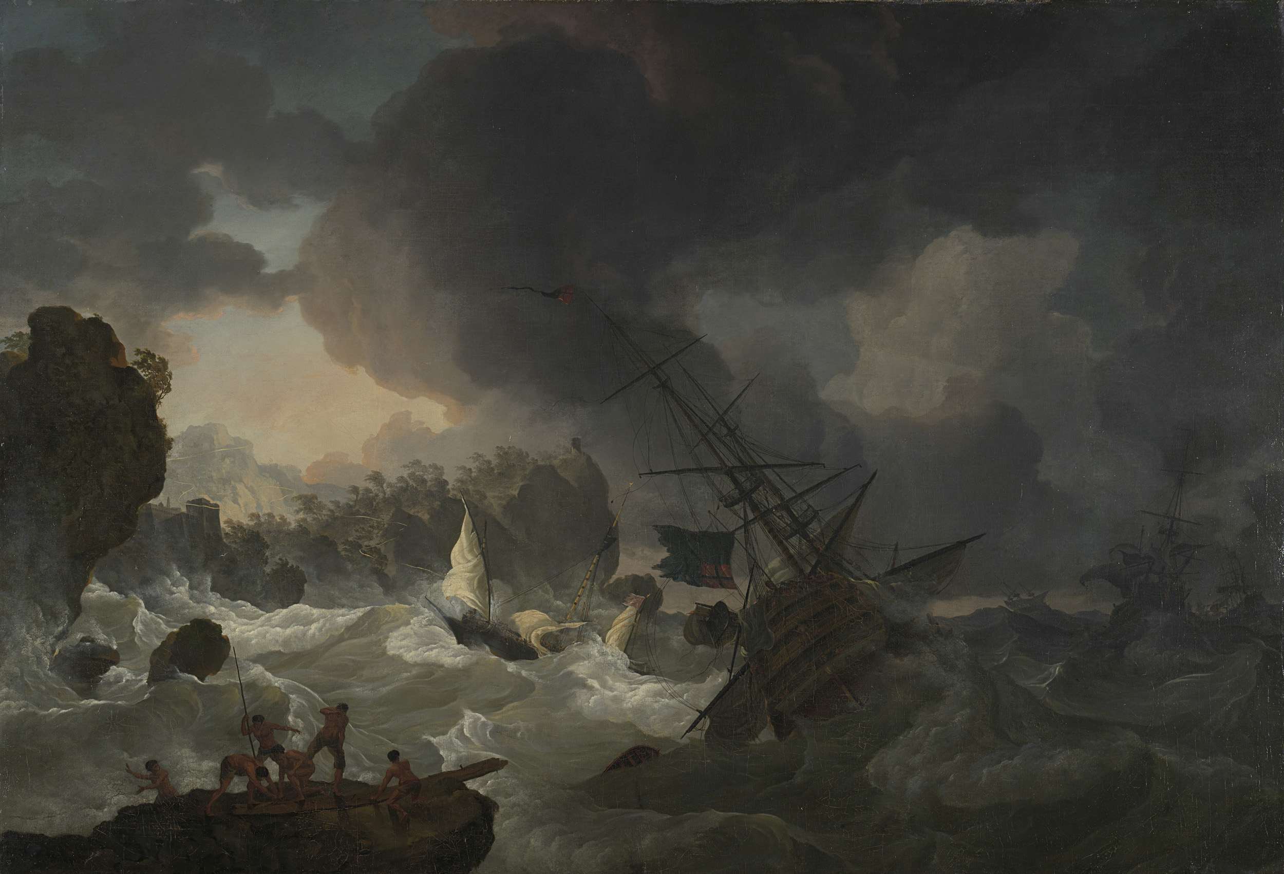 oil painting by Hendrik Kobell depicting English warships and a distressed Moroccan chebec