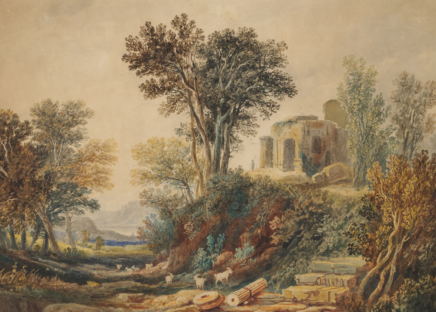 Classical Landscape with Ruins by Samuel Rostill Lines, oil painting featuring crumbling arches and lush foliage.
