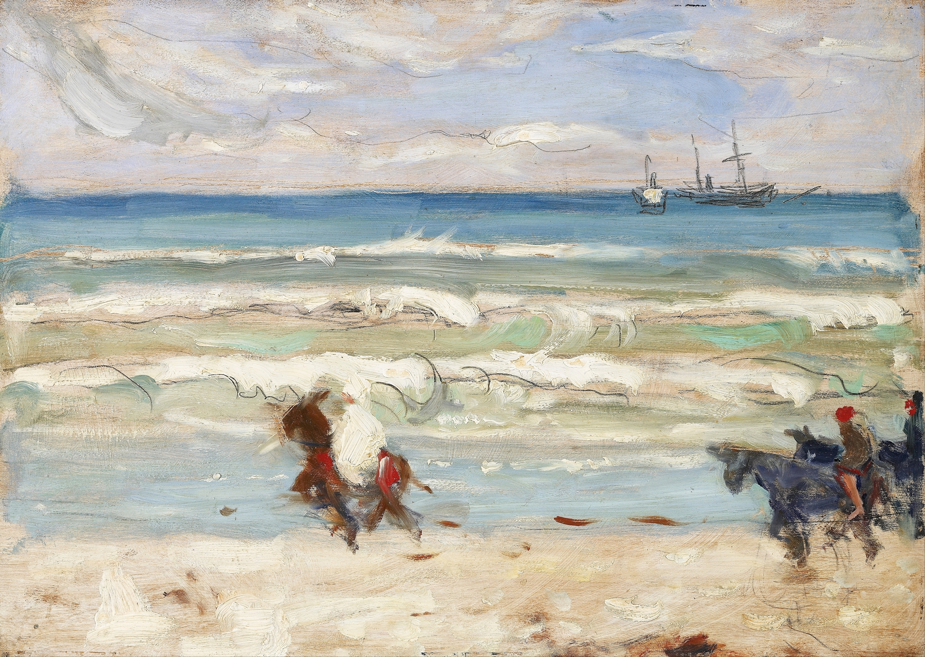Beach scene with sunlight and figures on the shore by James Wilson Morrice, oil painting