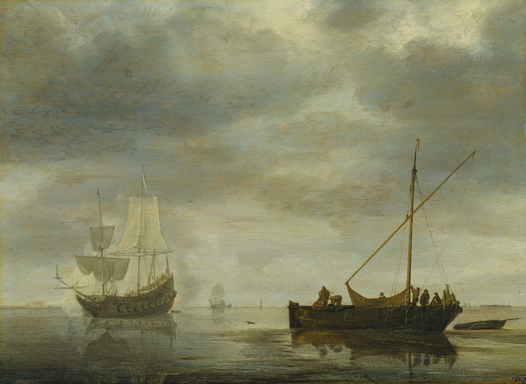 Single-Master and Frigate Firing Salute on a Calm Sea, by Simon de Vlieger, public domain