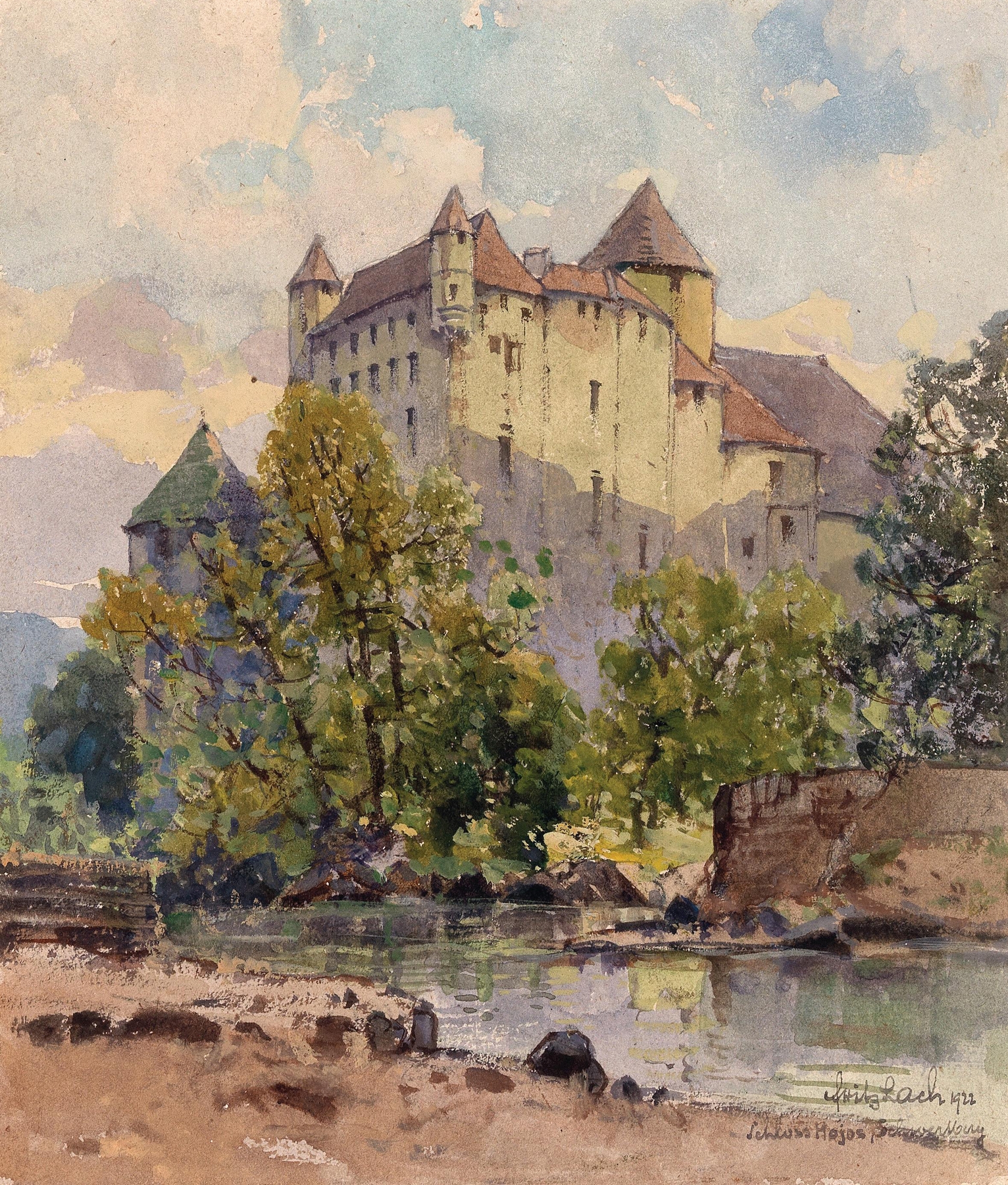 Schloss Hoyos by Fritz Lach, oil on canvas, depicting a castle in a landscape