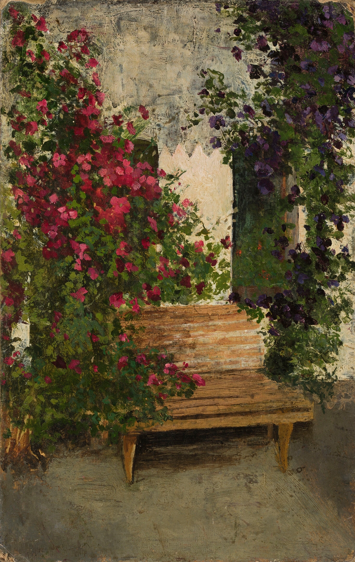 Bench in the garden by Marie Ibsen Jensen, impressionism, depicting a tranquil garden scene