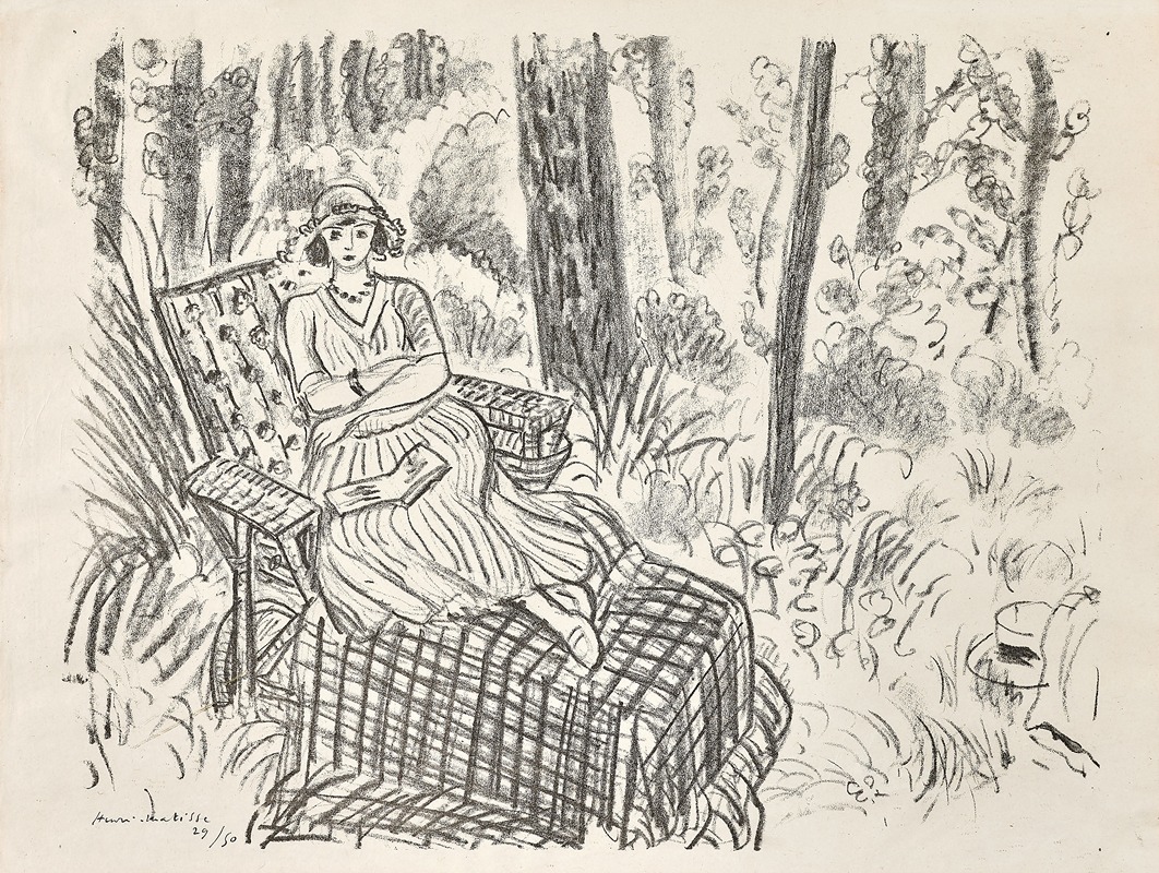 Henri Matisse's painting features a young woman lounging in a wooded setting.