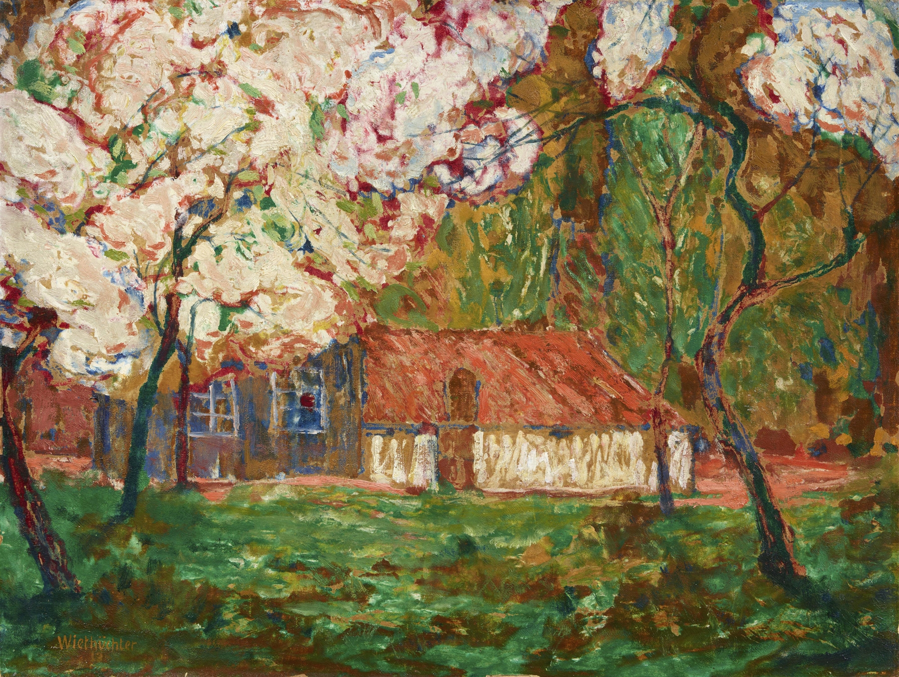 Frühling by Gustav Wiethüchter, oil on canvas depicting a vibrant spring landscape.