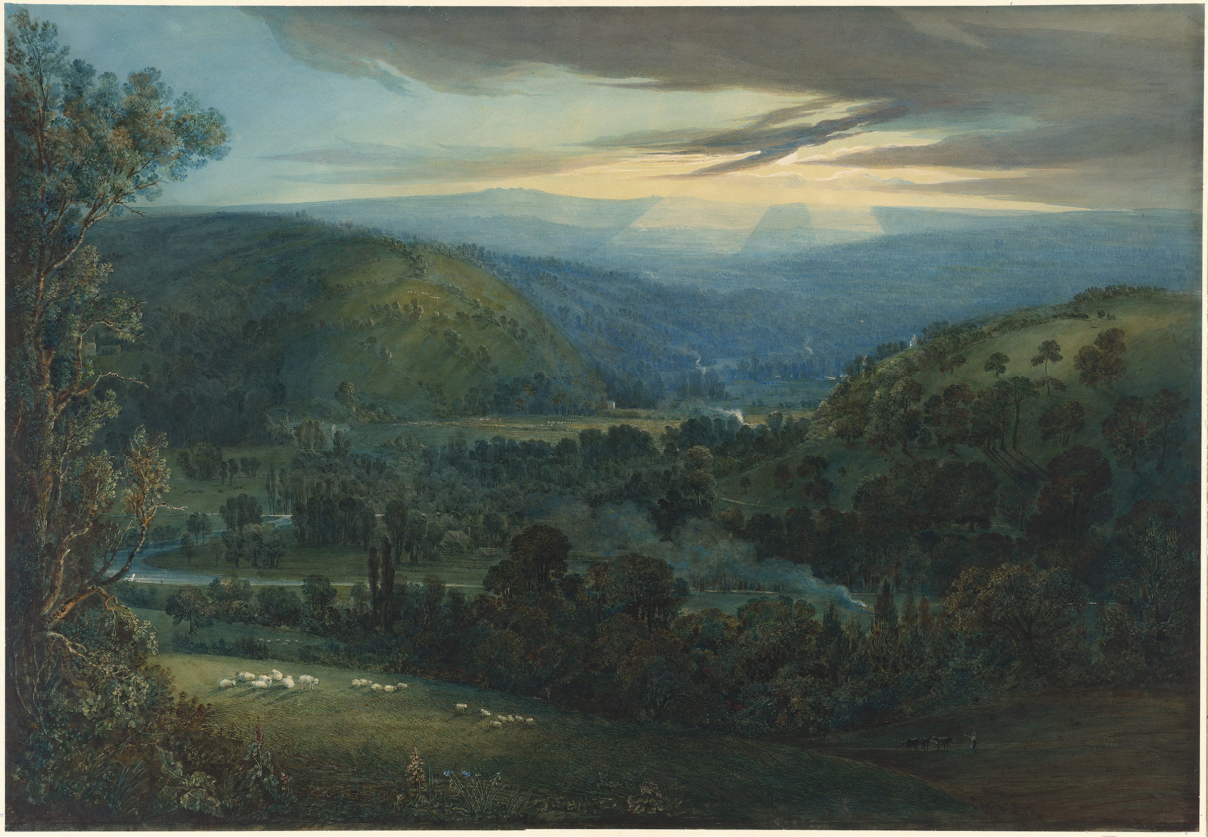 Dawn in the Valleys of Devon, oil on canvas by William Turner of Oxford, depicting misty hills and morning light.