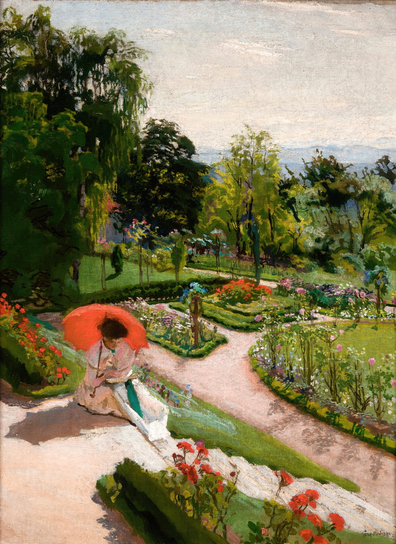Figurative oil painting featuring a crimson umbrella by Józef Mehoffer, 1917.