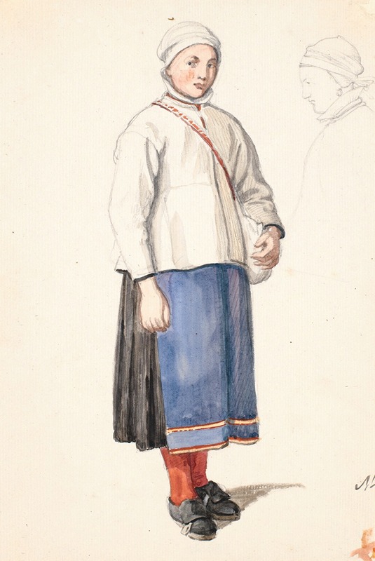A Swedish peasant girl stands in traditional attire, captured in a realistic style.