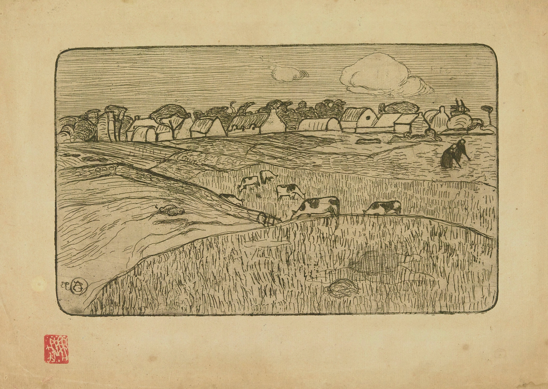 Post-Impressionism oil painting by Armand Seguin depicting women and cows in a Brittany landscape