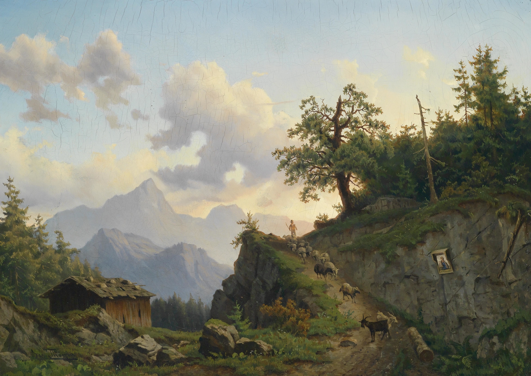 Schafhirte mit seiner Herde am Heimweg, by Josef Thoma, public domain