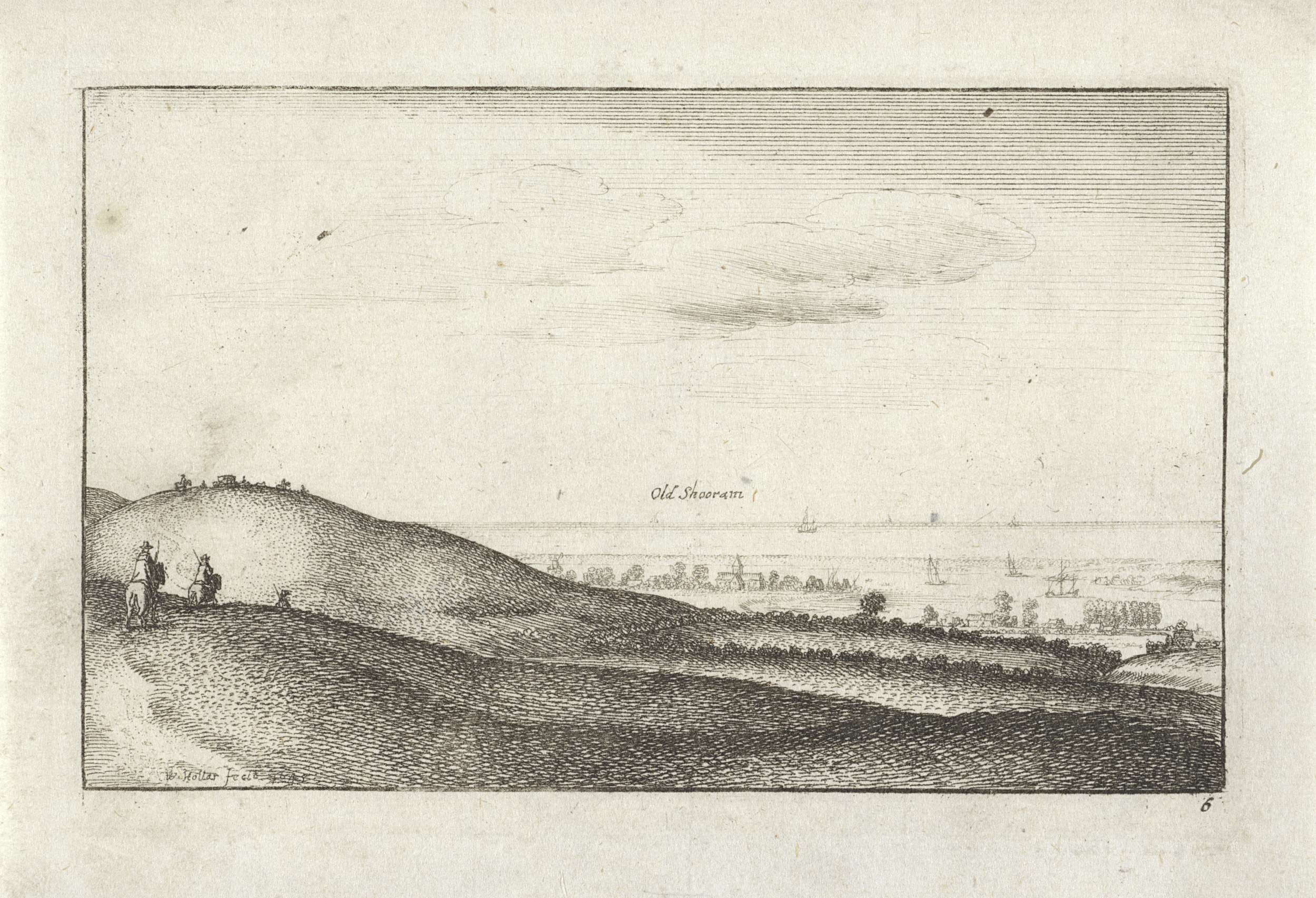 Landschap met gezicht op Shoreham, etching by Wenceslaus Hollar, depicting a serene landscape with horizon.