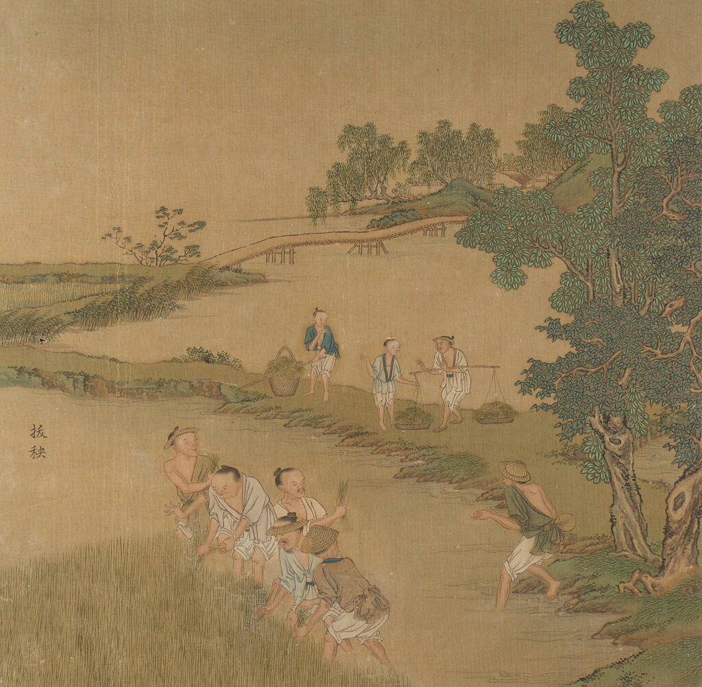 Genre scene of women engaged in crafts, silk medium by Qiu Ying.