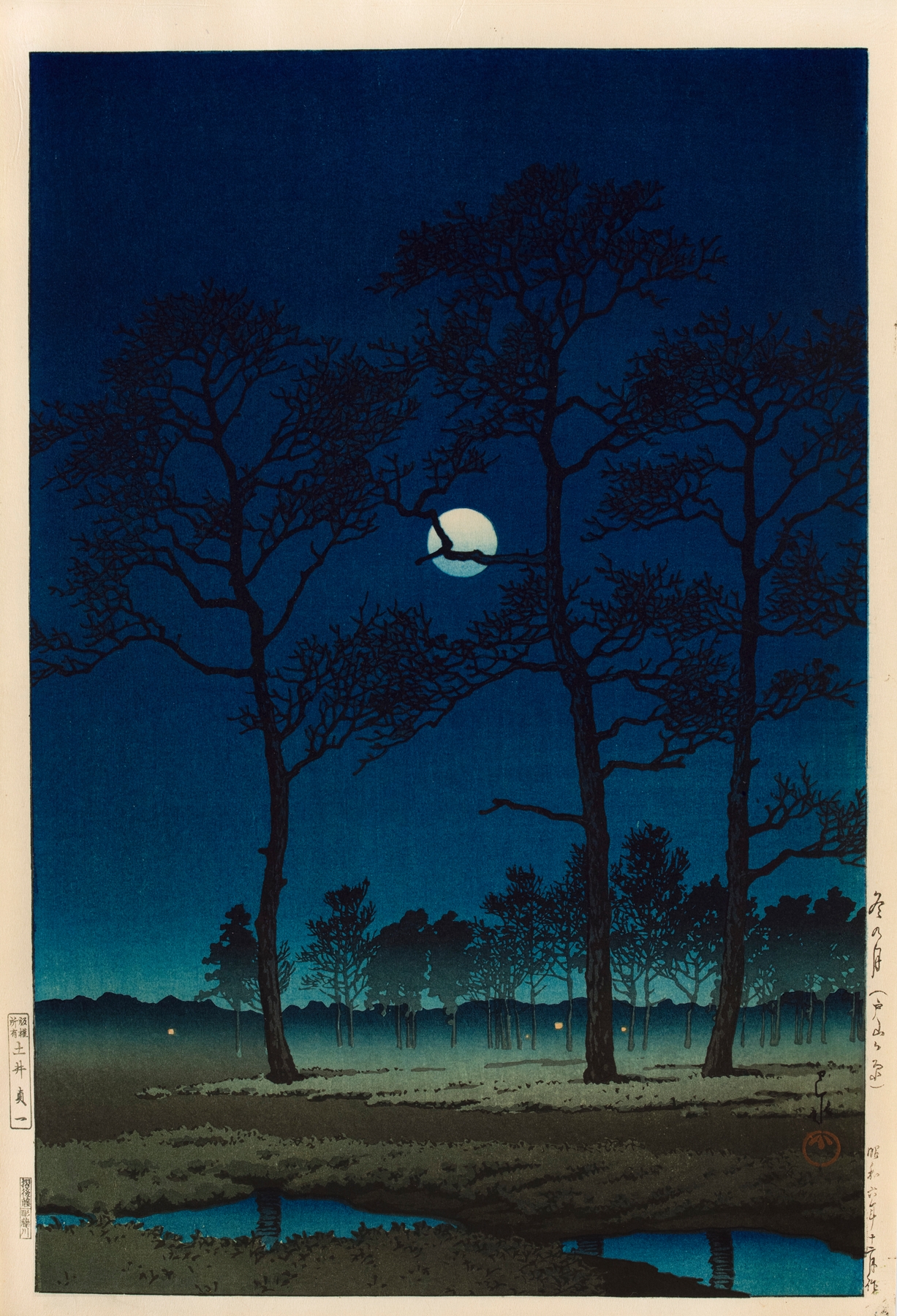 Woodblock print by Kawase Hasui depicting a winter landscape with snow and a full moon