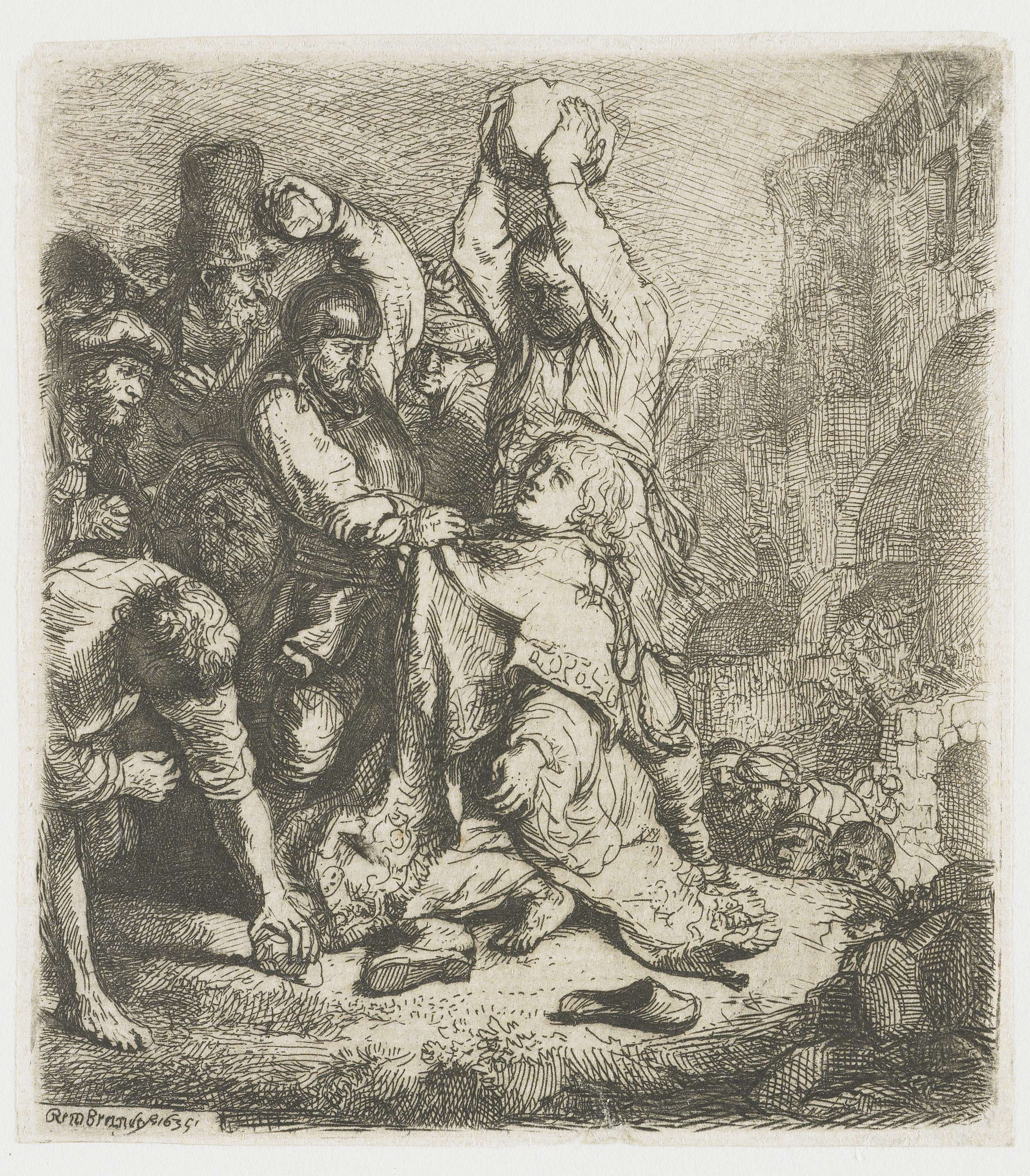 Etching by Rembrandt van Rijn depicting St Stephen amidst a chaotic crowd.
