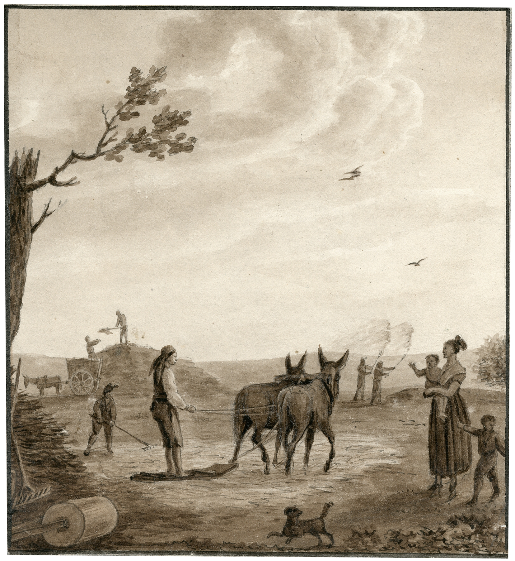Genre scene of figures threshing grain, oil painting by Otto Howen