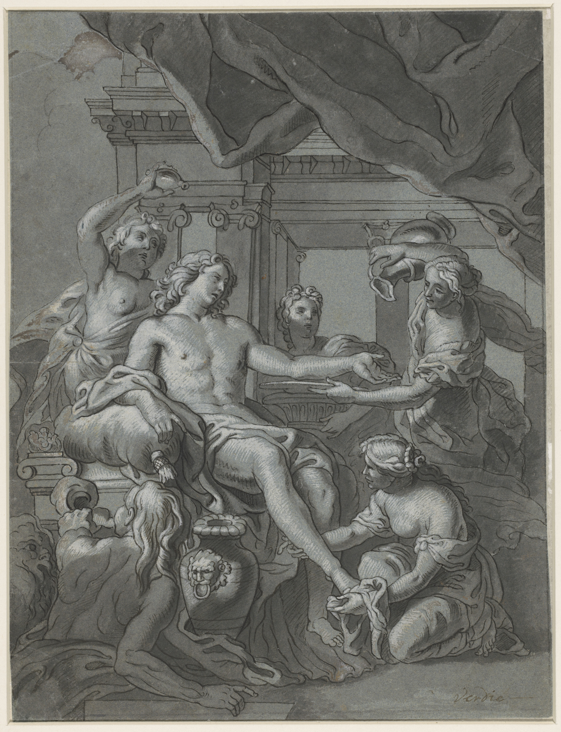 Genre scene depicting a groom's wedding ritual, oil painting by François Verdier