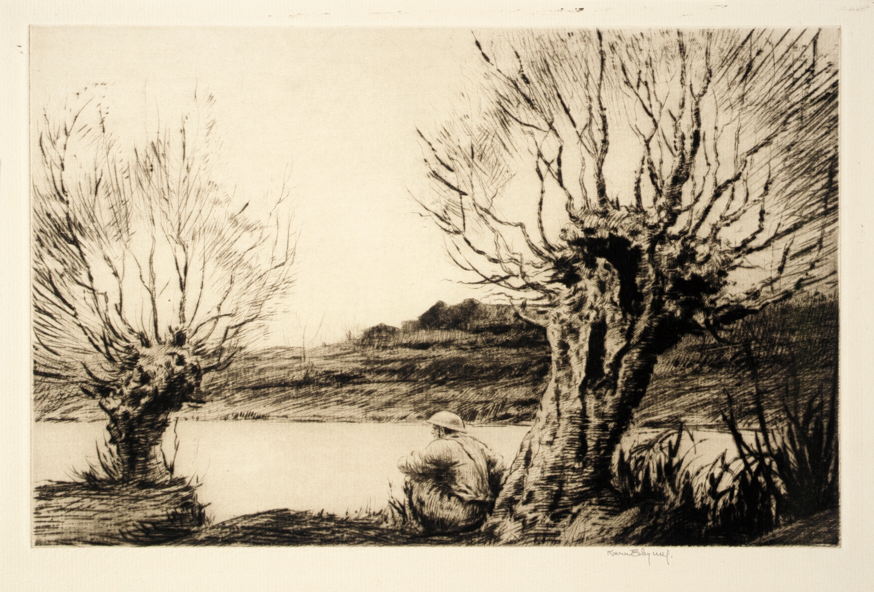 Etching by Kerr Eby depicting willows by a river, capturing tranquility and memory.
