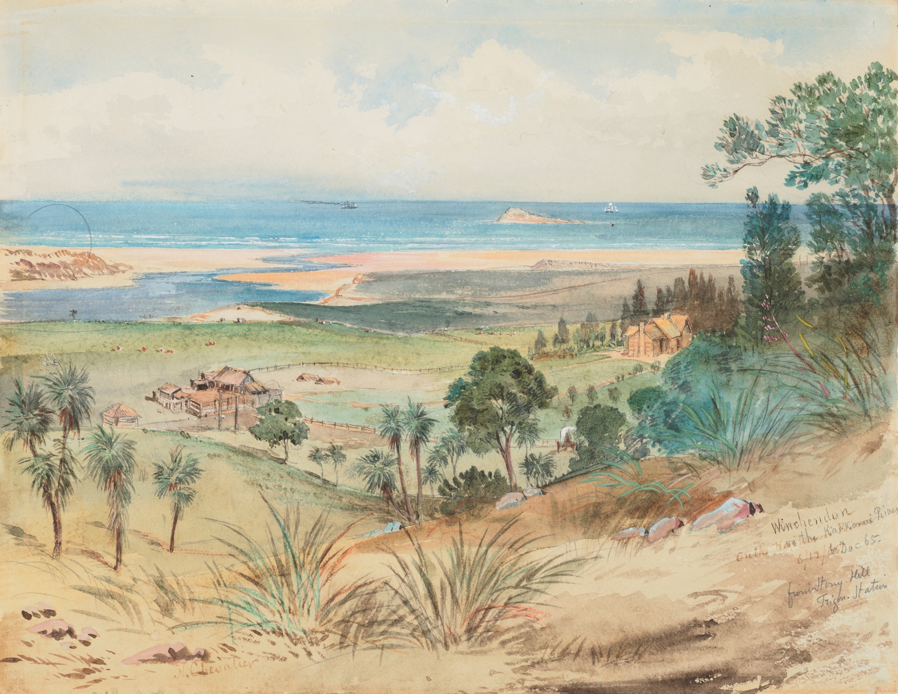 Landscape of the Kaikorai River with golden light, oil painting by Nicholas Chevalier