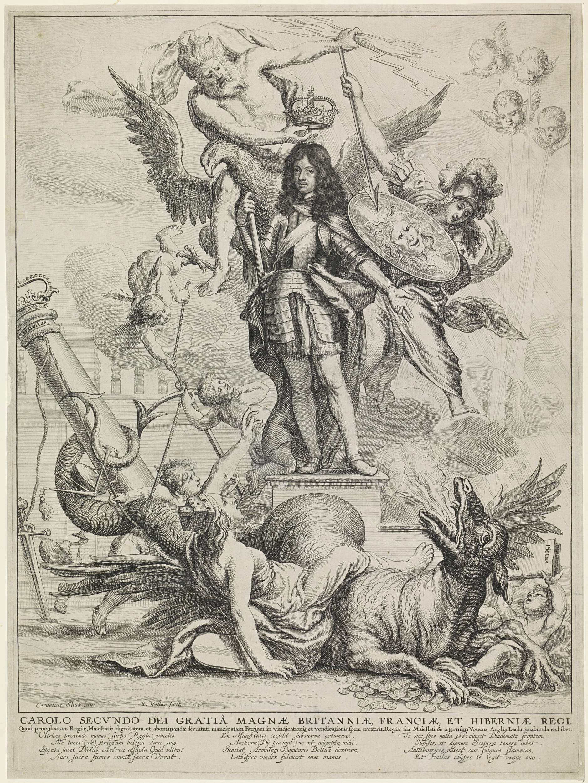 Allegory etching depicting King Charles II by Wenceslaus Hollar