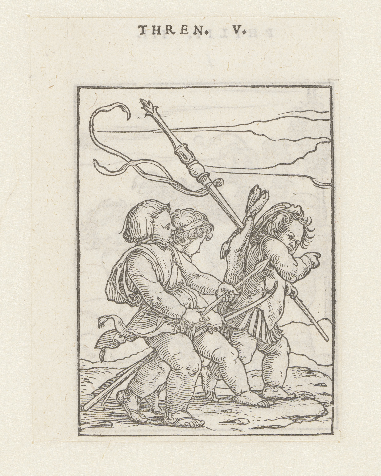 Drie kinderen met een staf en pijl en boog by Hans Holbein II, paper medium, three children with a staff and bow.