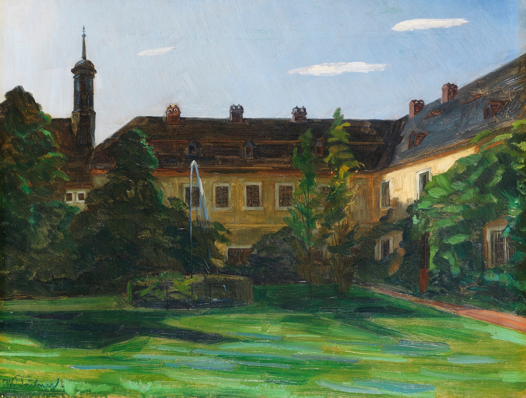 Hof im Stift Neuburg mit Springbrunnen II by Wilhelm Trübner, oil on canvas, depicting a garden with a fountain.