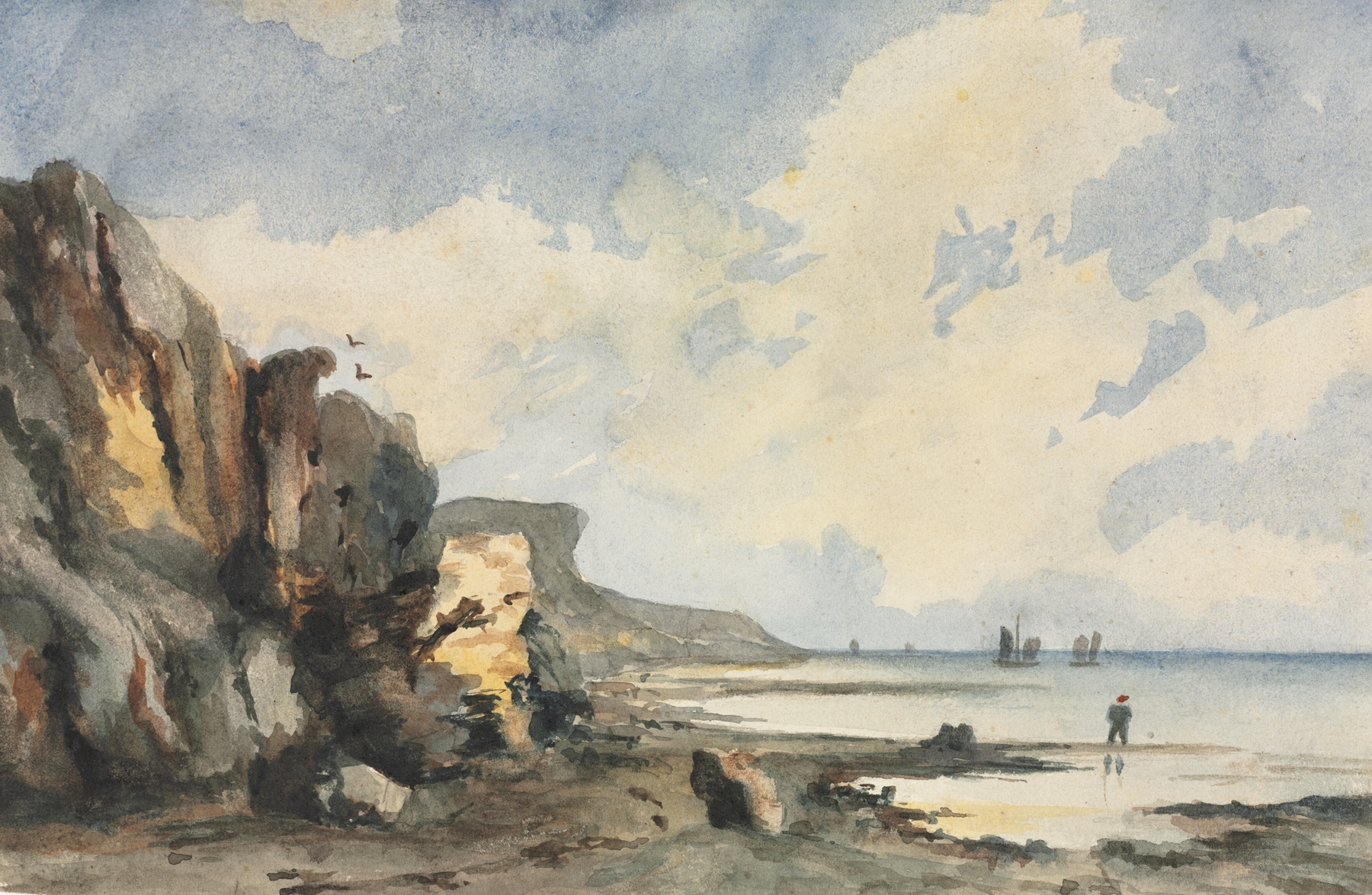Coastal View by Thomas Churchyard, oil on canvas depicting a serene shoreline and ocean.