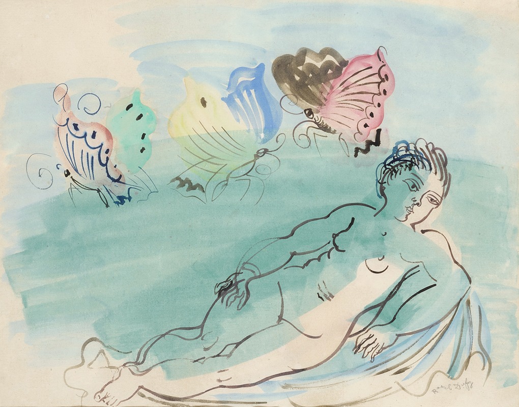 A vibrant painting by Raoul Dufy featuring a nude figure surrounded by butterflies.