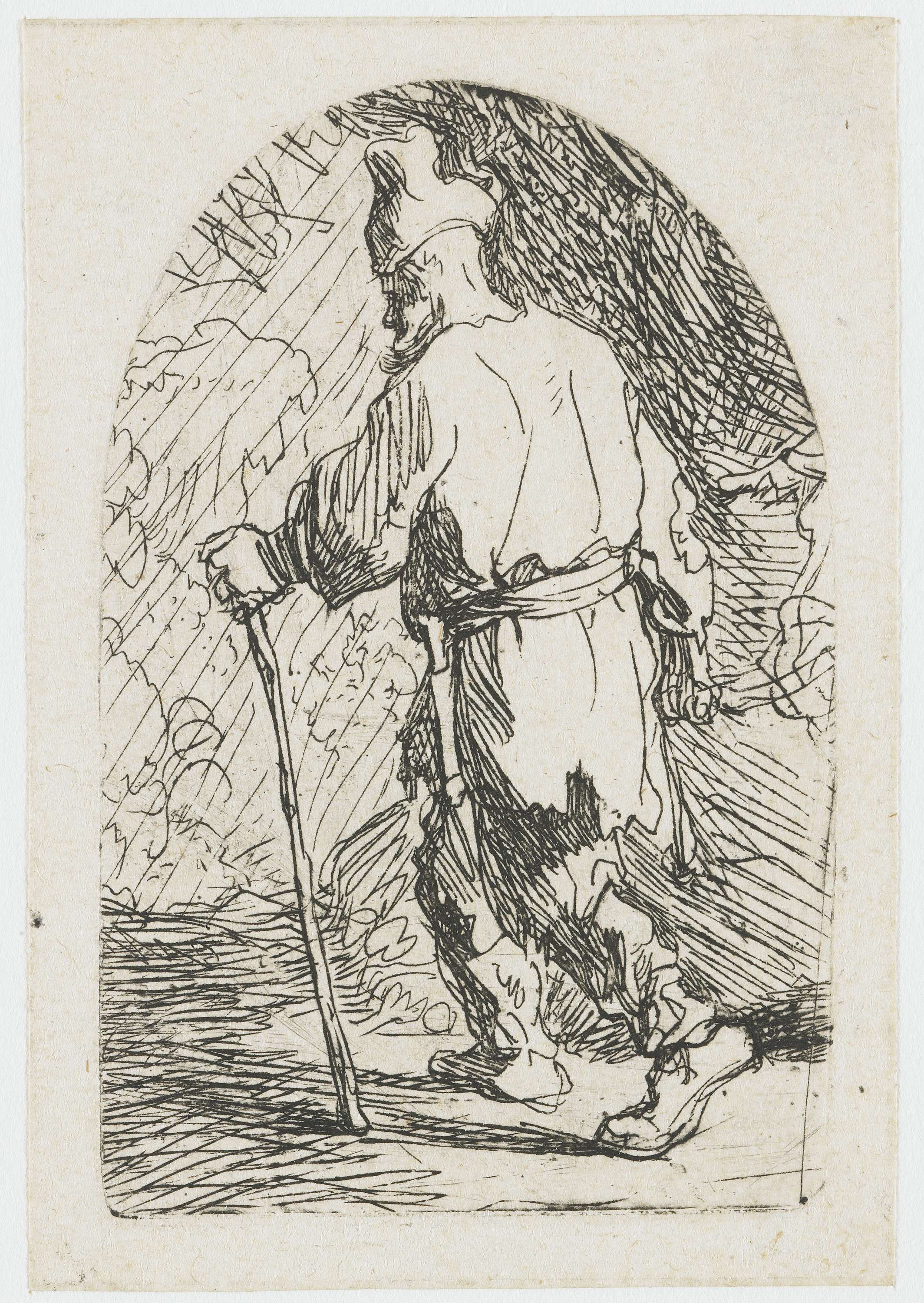 Etching by Rembrandt van Rijn depicting St. Joseph in earthy tones.