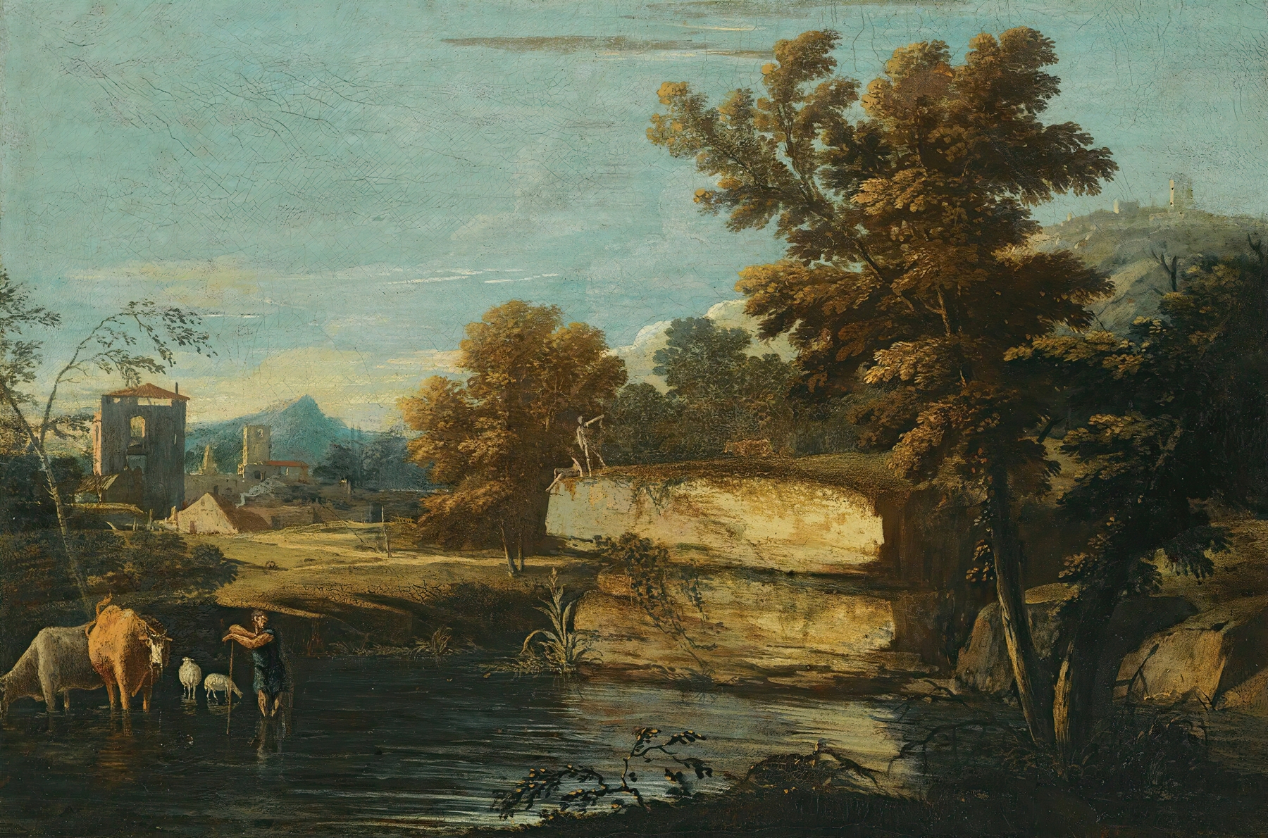 A Lacustrine Landscape With A Herder And His Animals Resting By The Water, A Town Beyond, by Marco Ricci, public domain
