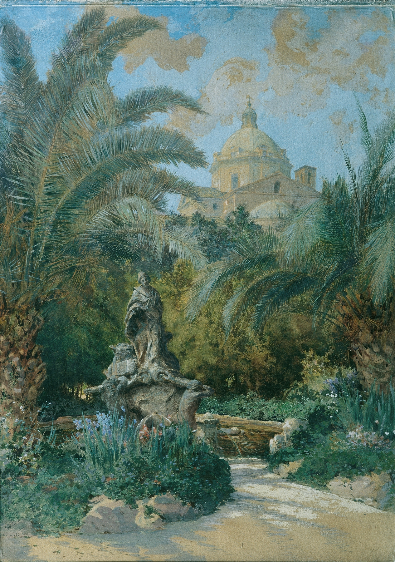 Landscape oil painting by Othmar Brioschi featuring a garden and architecture.