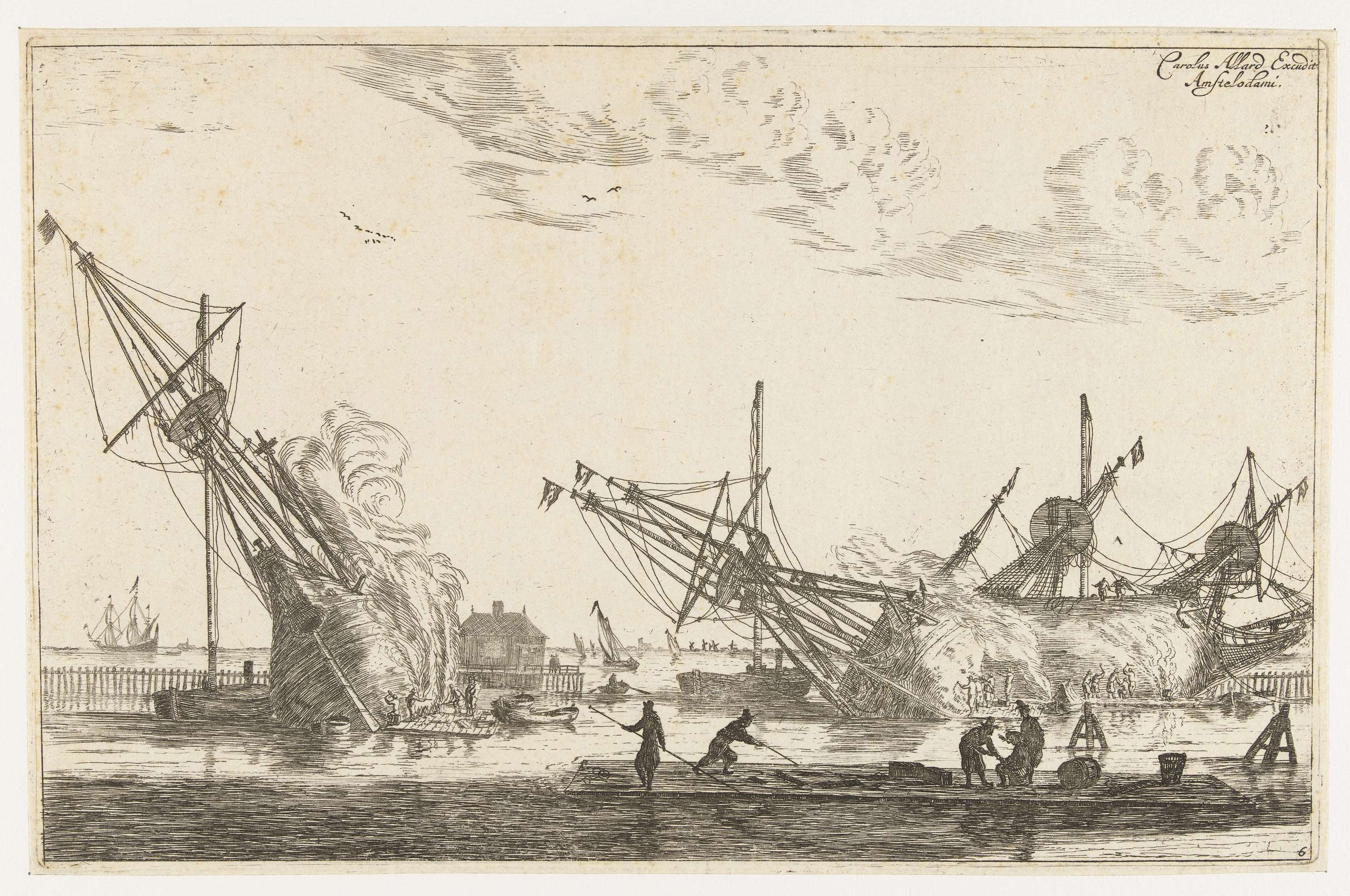 Waterdichtmaken van de rompen van drie fluitschepen, by Reinier Nooms, public domain