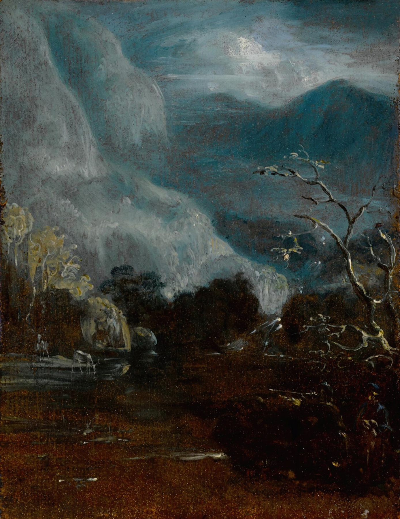 A deer shoot at night, oil painting by Sir Thomas Lawrence, featuring a hunter silhouetted against the moonlight.