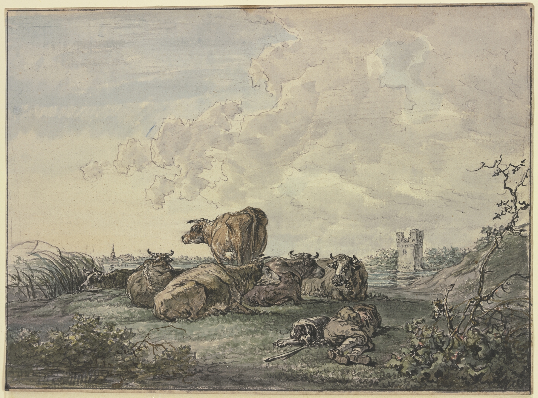 Landscape with a shepherd and cattle, oil painting by Jacob van Strij