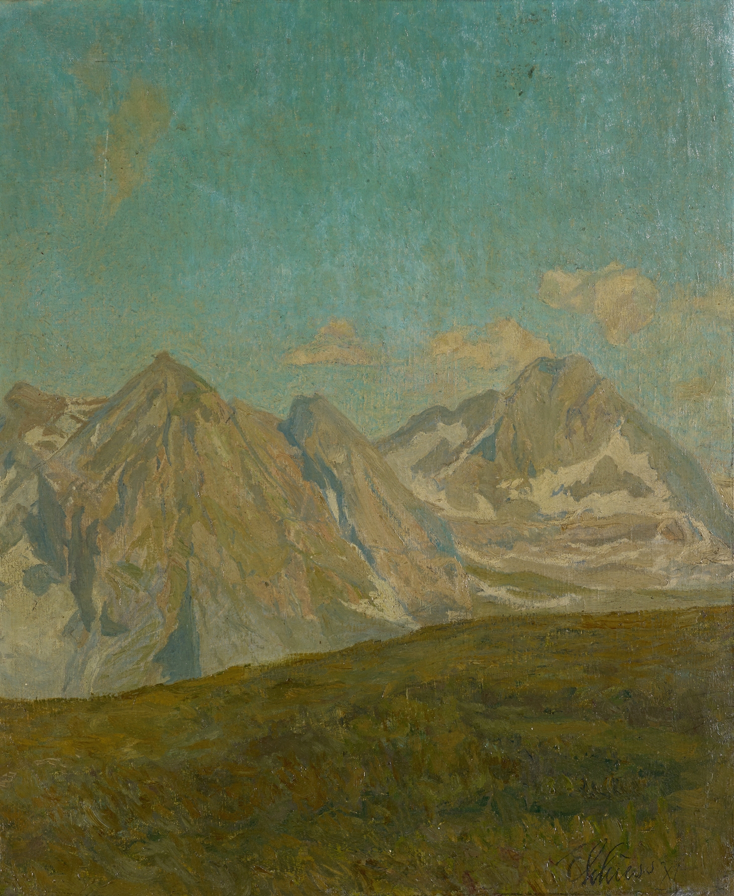Landscape of mountains by Ernst Schiess, oil painting depicting majestic peaks and serene nature.