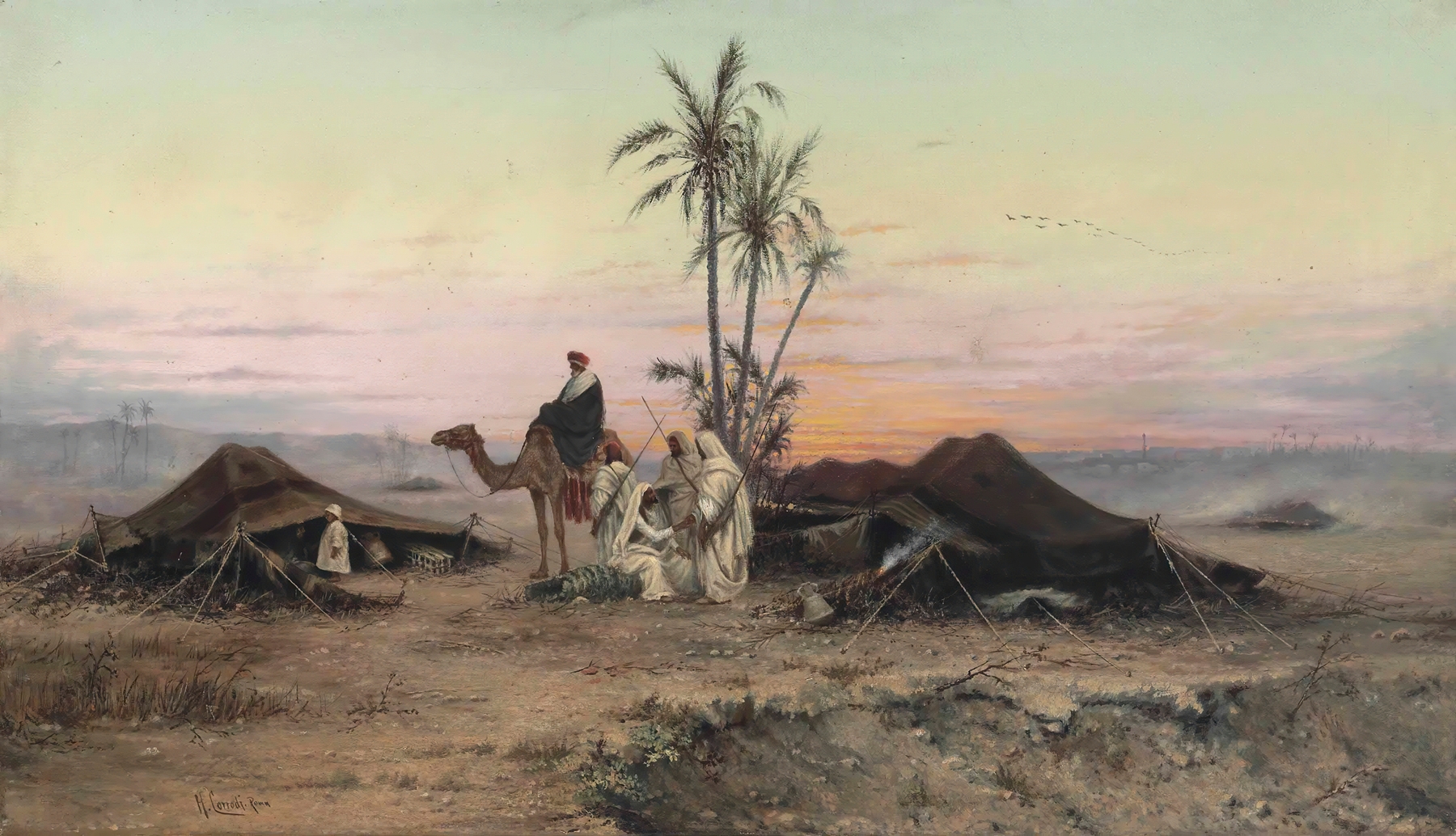 A Bedouin Camp At Dusk, oil on canvas by Hermann David Salomon Corrodi, featuring a warm campfire and Bedouins.