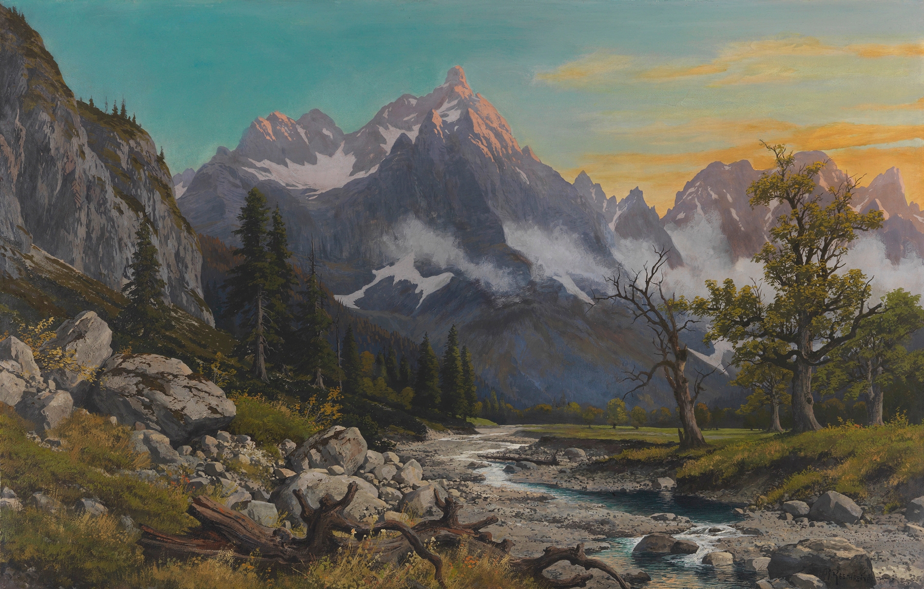 Landscape oil painting by Rudolf Reschreiter featuring trees and mountains at twilight.