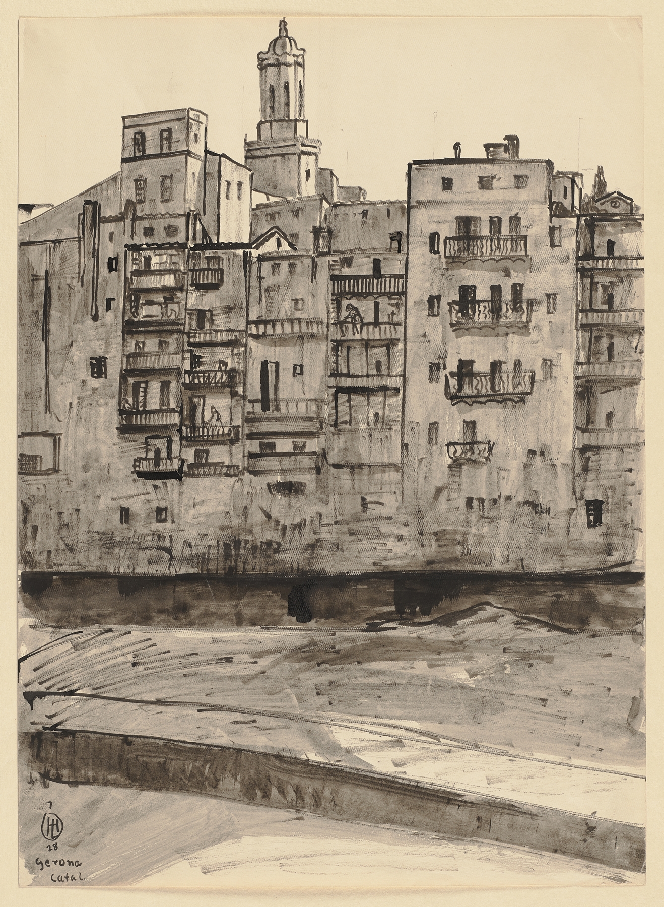 Landscape oil painting by Hermann Lismann depicting Girona with cathedral tower