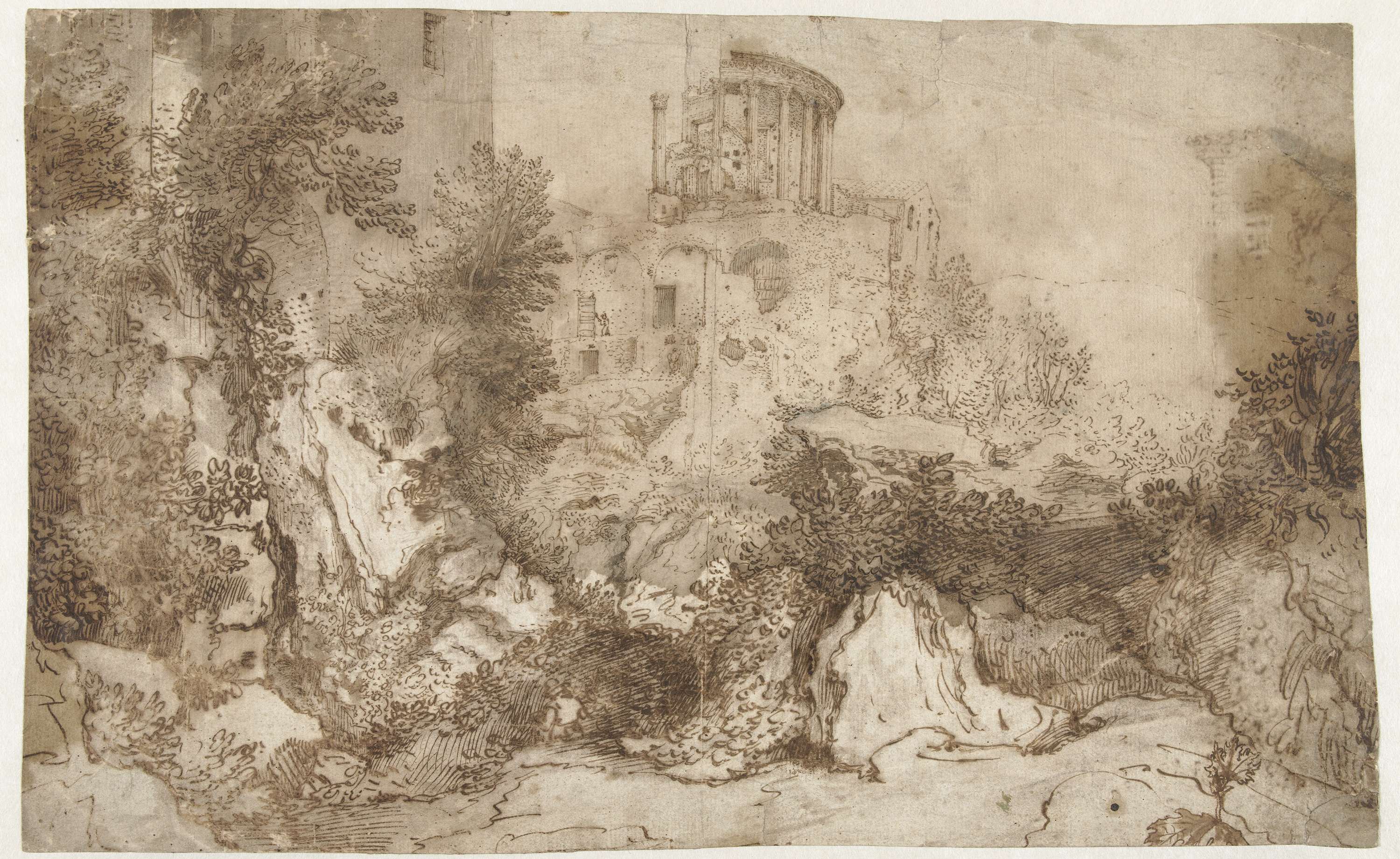 Architecture scene featuring the Tempeltje van de Sibylle te Tivoli by Gillis van Valckenborch