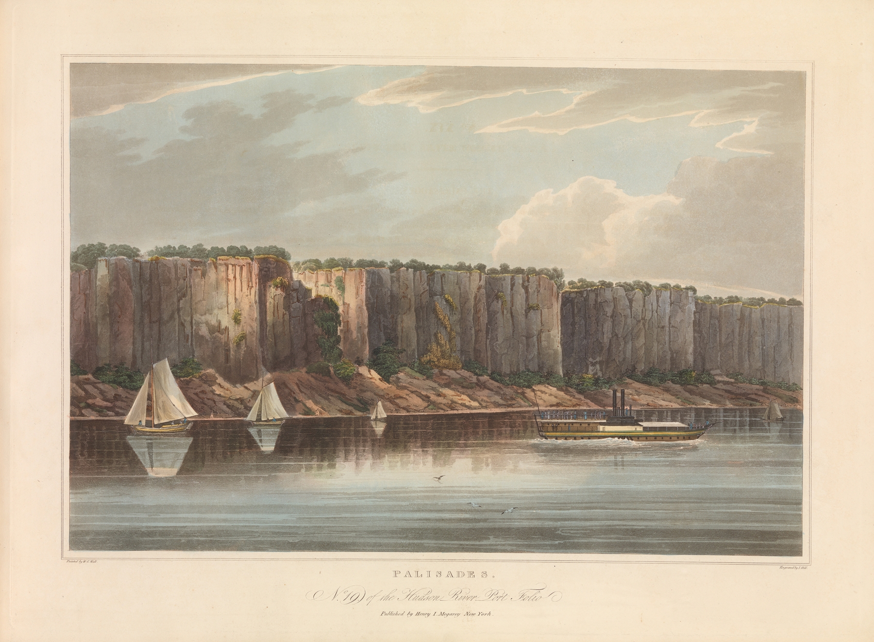 Engraving by John Hill depicting cliffs and a river in The Palisades