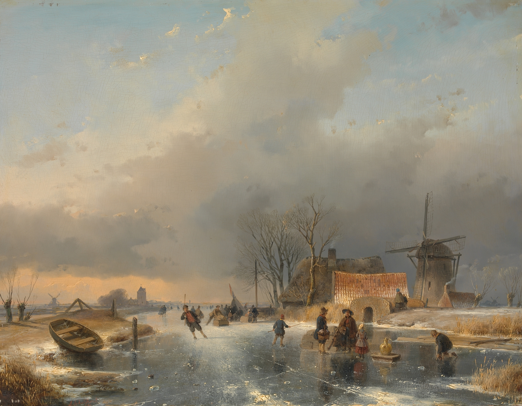 A winter landscape, on the right a windmill and houses by a frozen canal, by Andreas Schelfhout, public domain