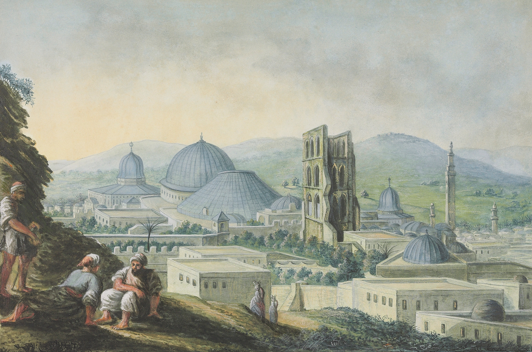 Watercolour by Luigi Mayer depicting Jerusalem with a church and bell tower