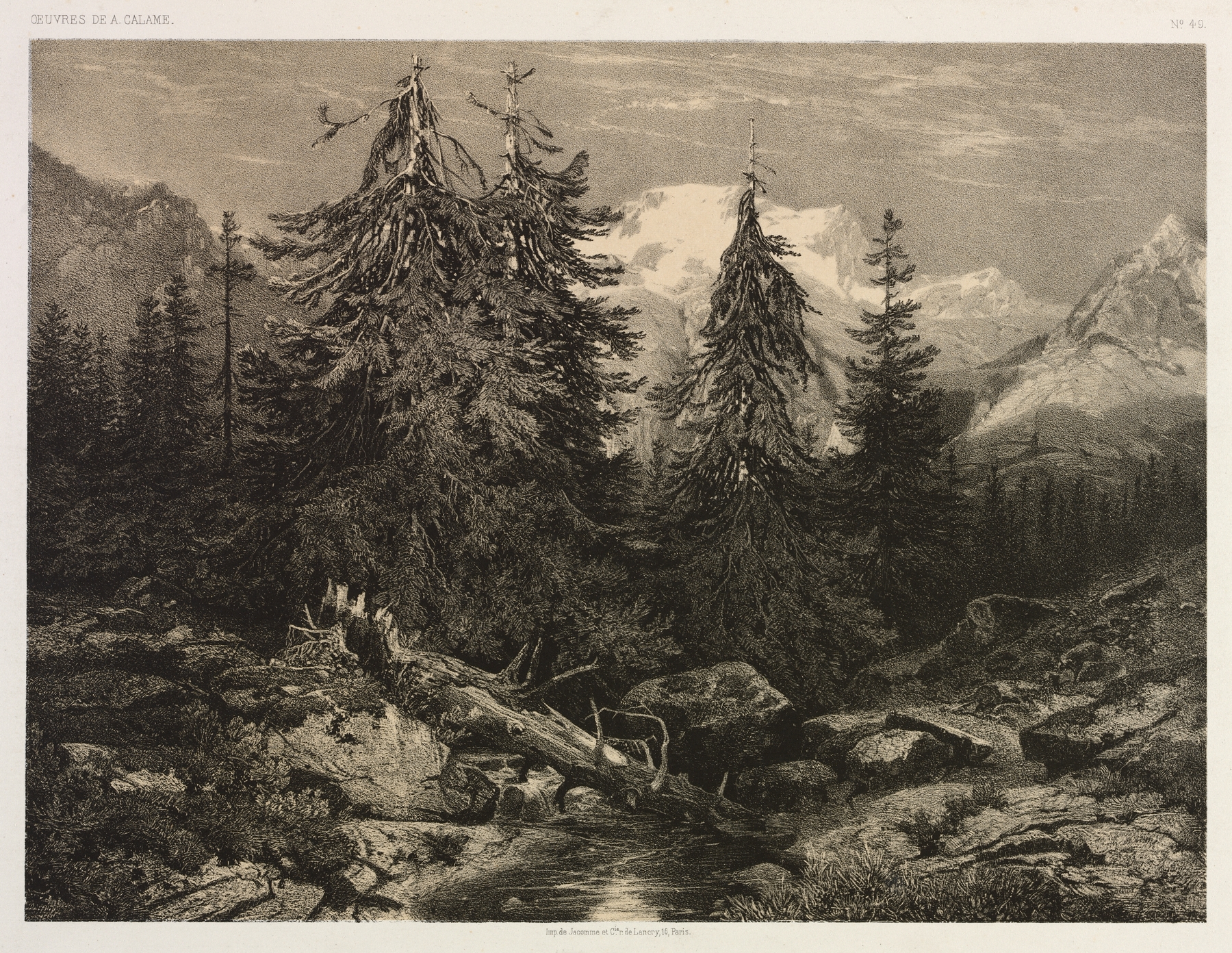Alpine Stream by Alexandre Calame, oil painting depicting a tranquil mountain landscape with a flowing stream.
