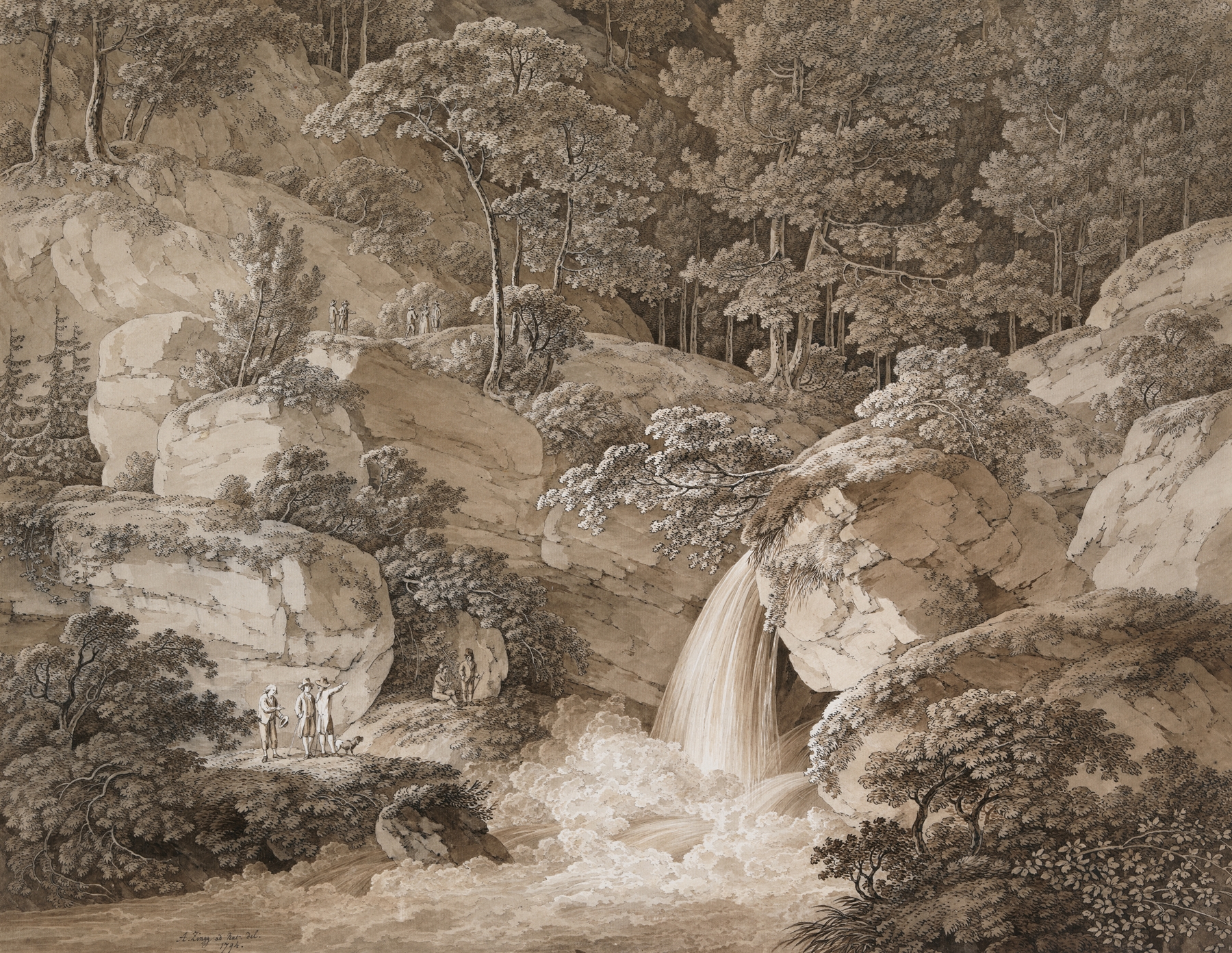 View of the Amselfall in Saxony, oil on canvas by Adrian Zingg, featuring a waterfall and lush forest.