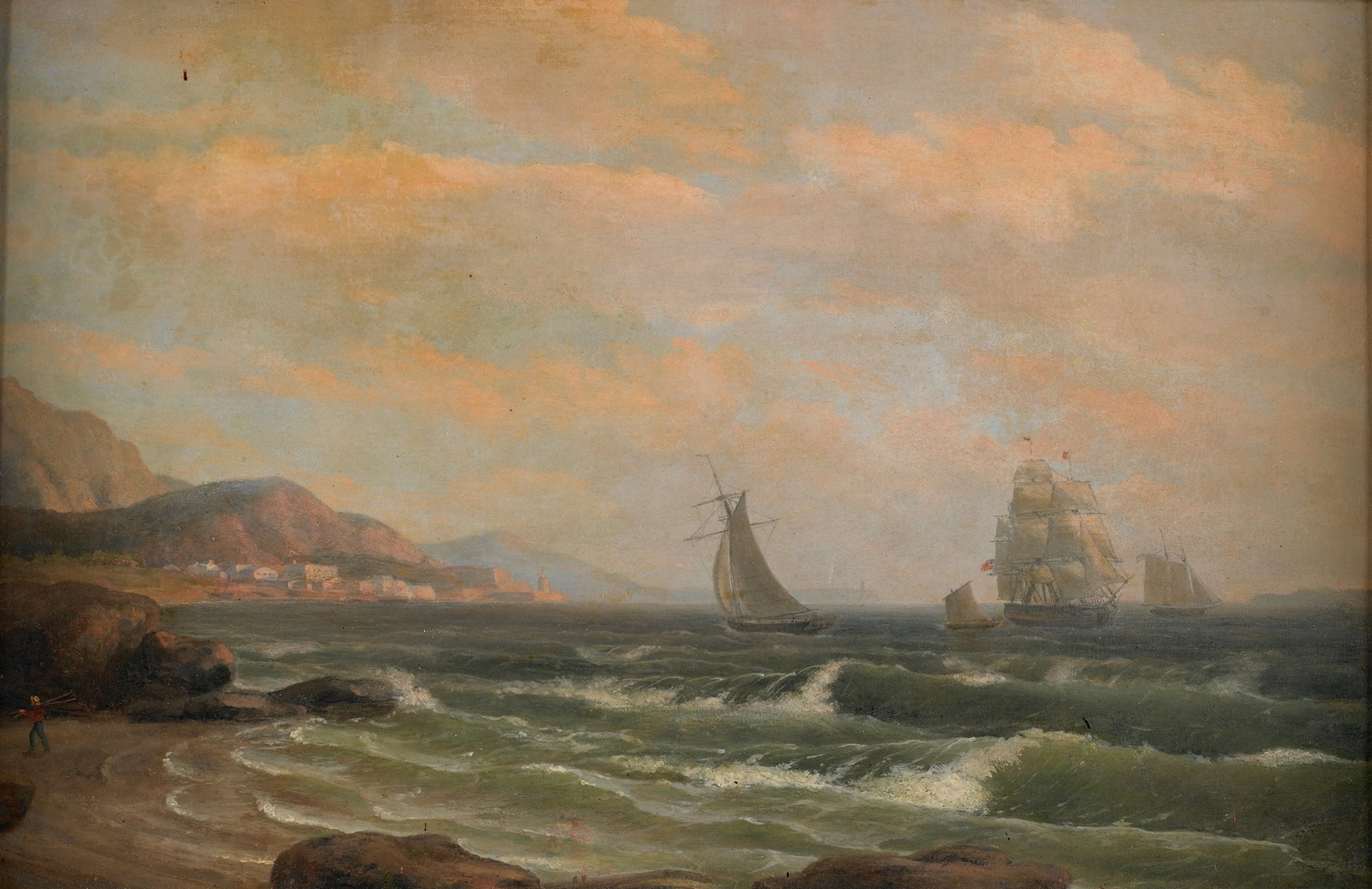 American frigate sailing on shimmering waters, oil on canvas by Thomas Birch