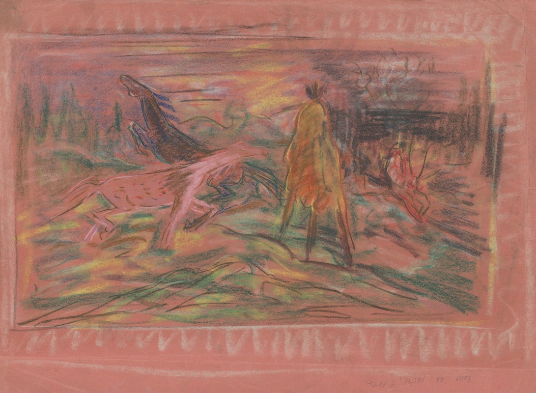 A serene depiction of horses grazing in a lush pasture.