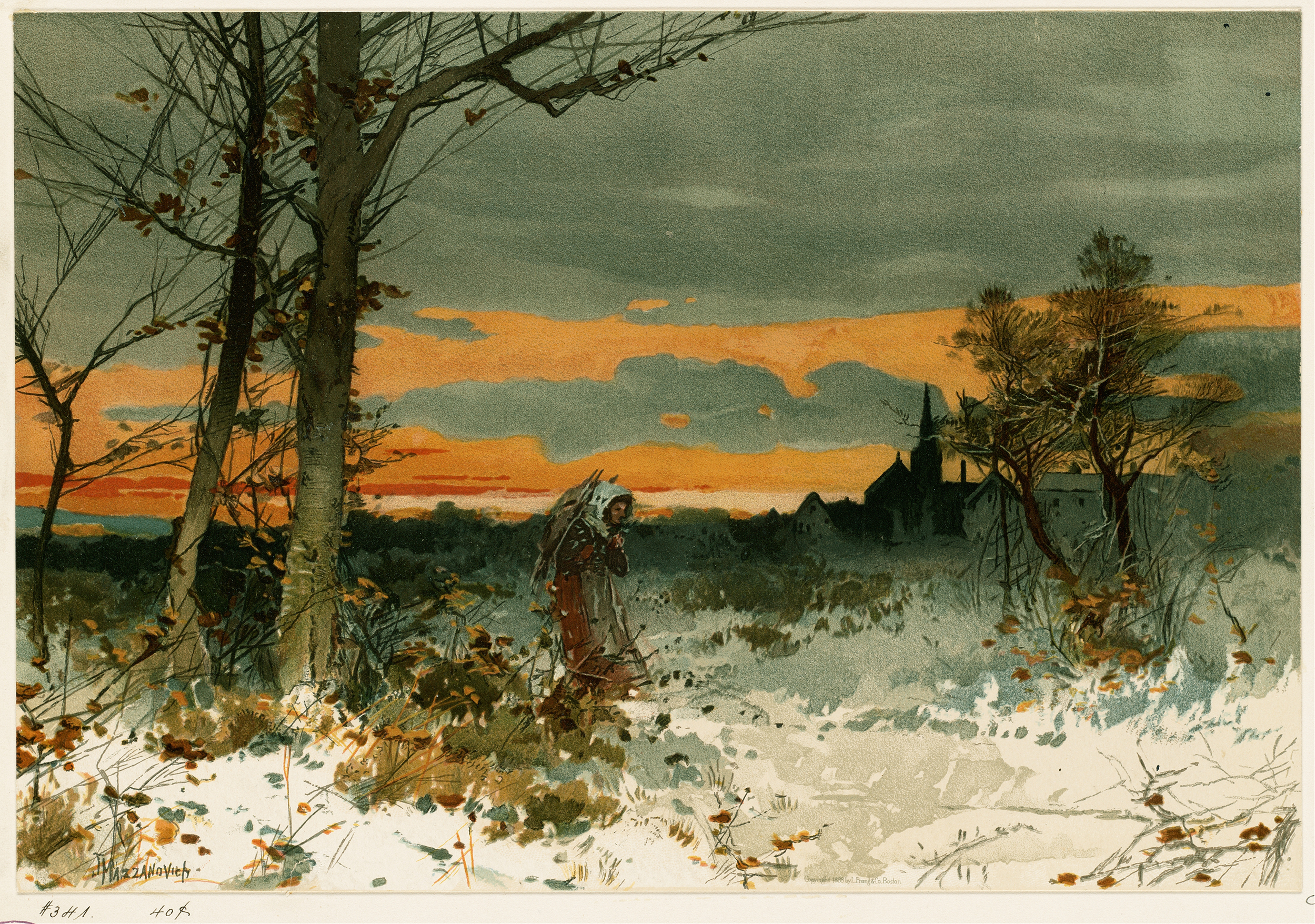 Winter by John Mazzanovich, oil painting depicting a frosted landscape with snow and trees.