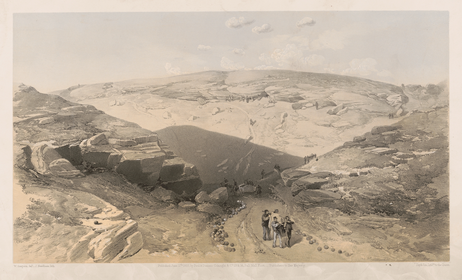 The valley of the shadow of death Caves in the Woronzoff Road behind the 21 gun battery, by William Simpson, public domain