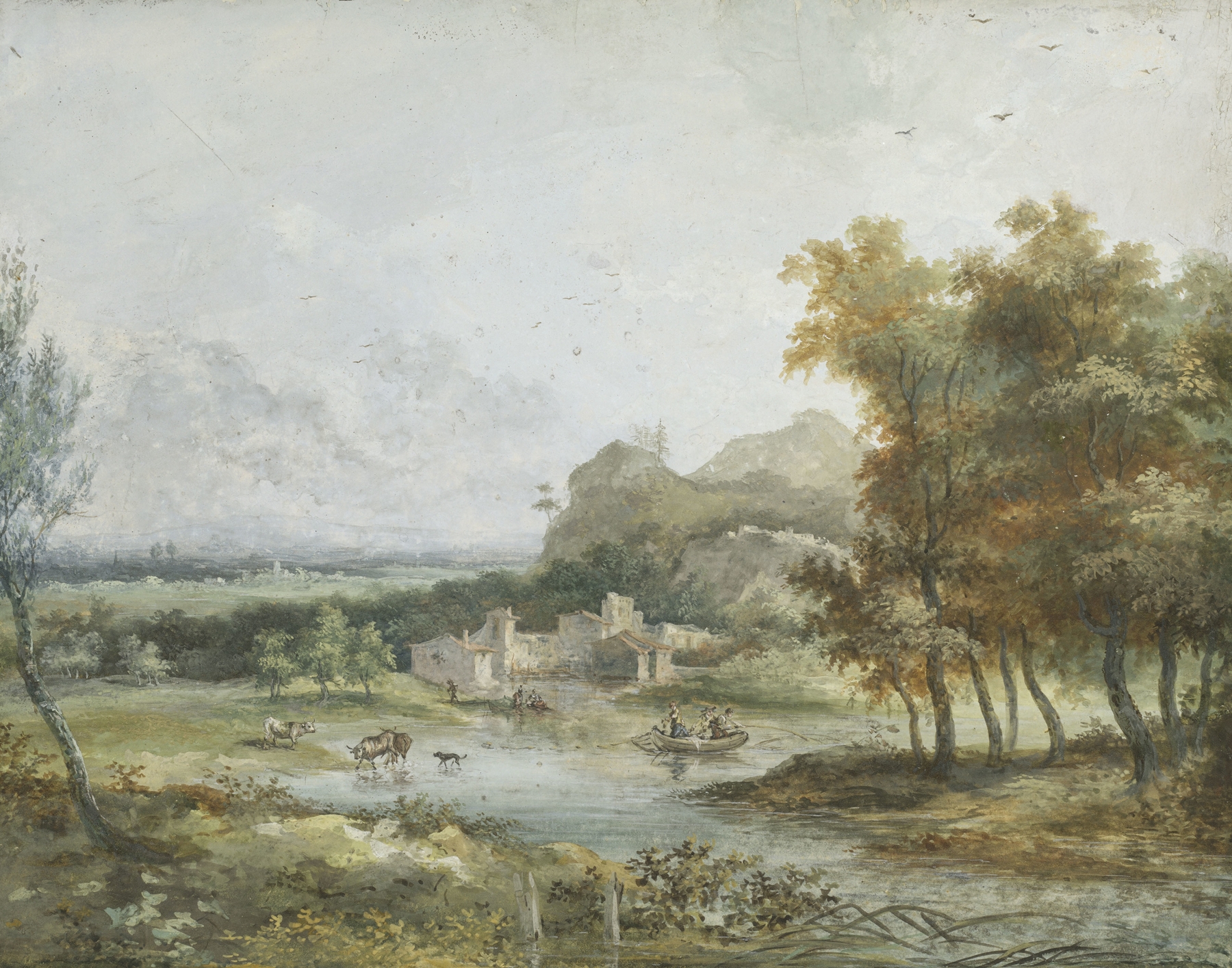 Italian Landscape with a Boating Party, oil on canvas by Louis Gabriel Moreau