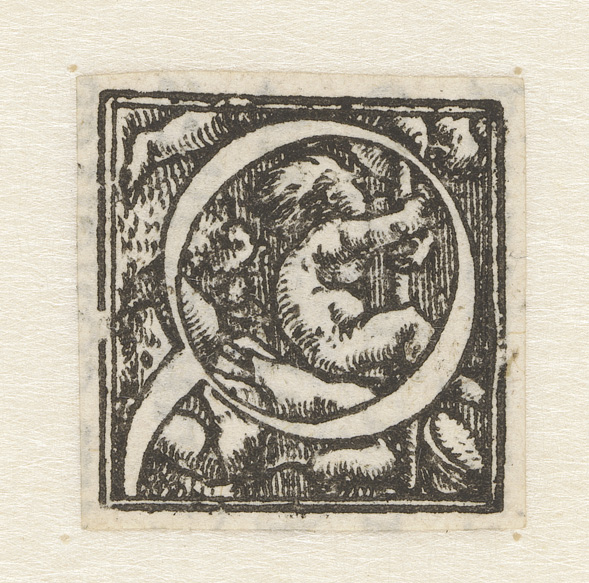 Letter Q with children, created by Hans Holbein, paper medium