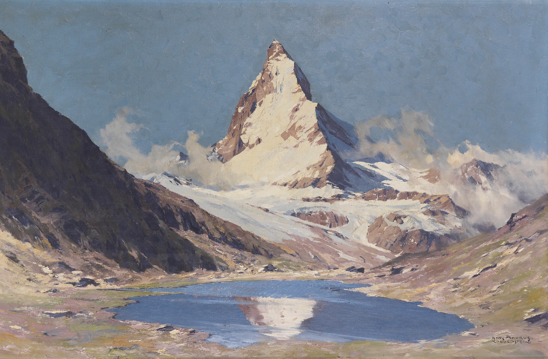 Landscape of Matterhorn vom Riffelsee by Hans Maurus, featuring soft pastels and reflections.