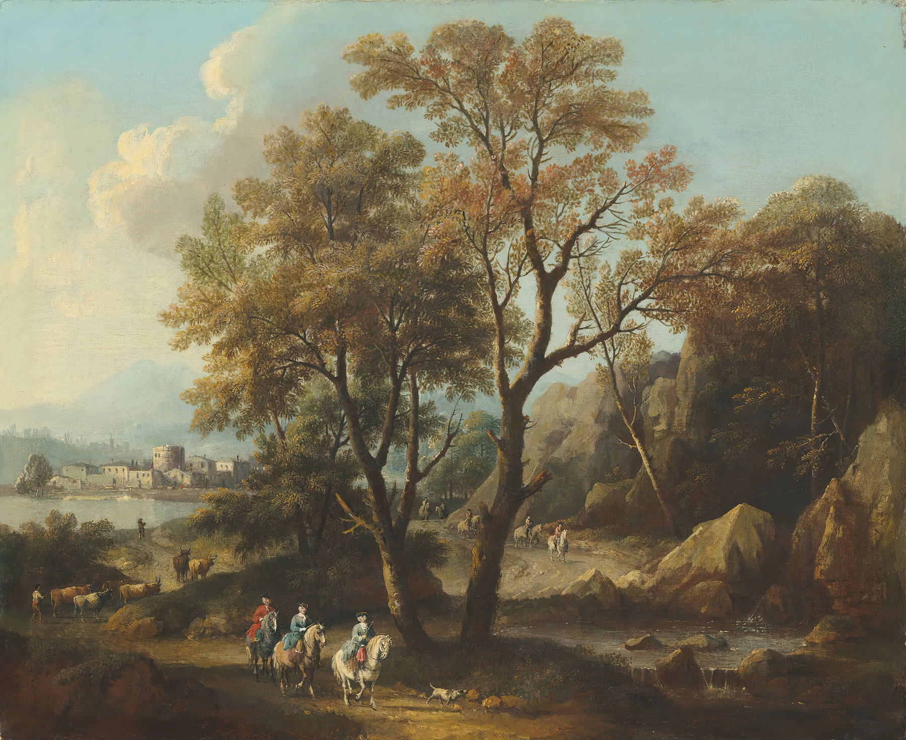 A river landscape with travellers on a path, oil on canvas by Giovanni Battista Cimaroli